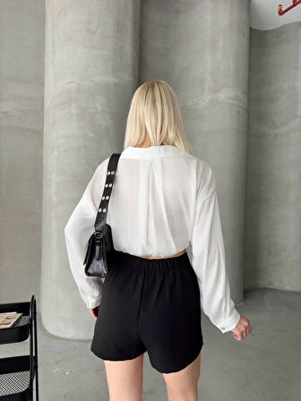 Siyah Tek Yan Yırtmaçlı Yüksek Bel Mini Şort Etek