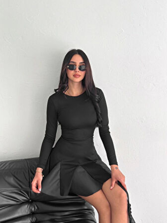 Eteği Kloş Uzun Kollu Bisiklet Yaka Crep Pileli Mini Elbise