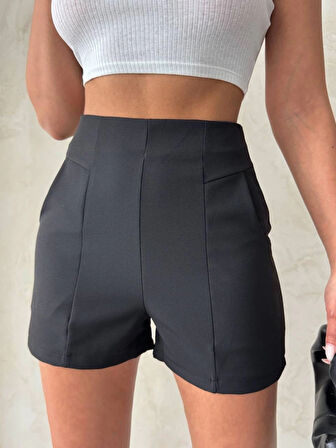 Yüksek Bel Parçalı Double Kadın Mini Kumaş Şort -Siyah