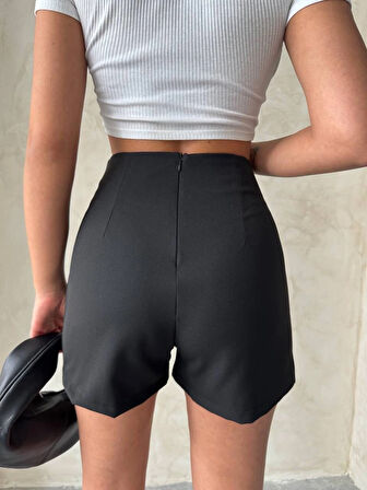 Yüksek Bel Parçalı Double Kadın Mini Kumaş Şort -Siyah