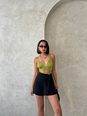 Siyah Kuş Gözü Yandan Bağlama Detaylı Mini Slim Fit Şık Şort Etek