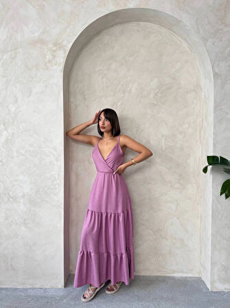 Gül Kurusu Fırfırlı V Yaka Mor Katlı İnce Askılı Uzun Yazlık Efil Elbise