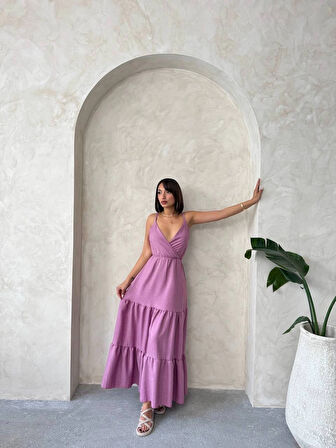 Gül Kurusu Fırfırlı V Yaka Mor Katlı İnce Askılı Uzun Yazlık Efil Elbise