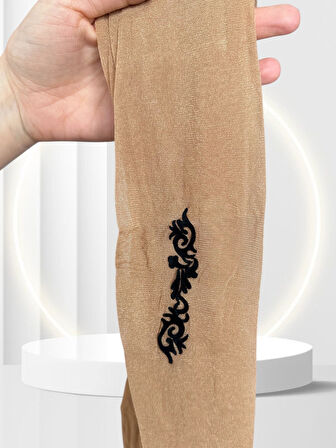 Lucca Ten Rengi Bacağı Yandan Etnik İşlemeli 20 Den Burnu Şeffaf Pamuk Ağlı Külotlu Çorap