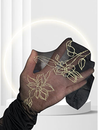 Grisi Vega İnce Siyah Yanları Gold Çiçek Simli Ağsız İnce Külotlu Çorap (Made in Italy)