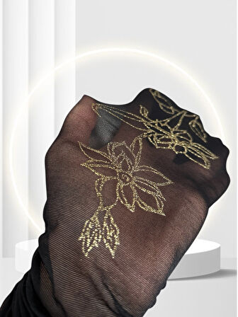 Grisi Vega İnce Siyah Yanları Gold Çiçek Simli Ağsız İnce Külotlu Çorap (Made in Italy)