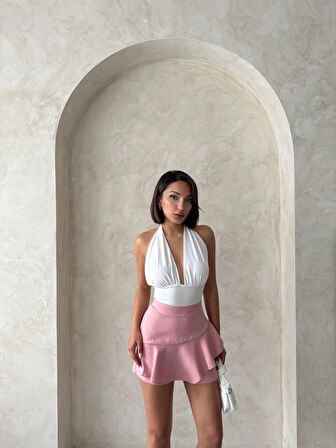 Pembe Valonlı Fırfırlı Yüksek Bel Mini Şort Etek