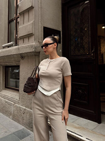 %100 Pamuk Düğme Yakalı Bej/Beyaz Crop Bol Paça Pantolon/Eşofman Alt Üst Takım