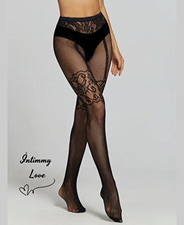 Kadın Fileli Jartiyer Görünümlü Desenli Çorap