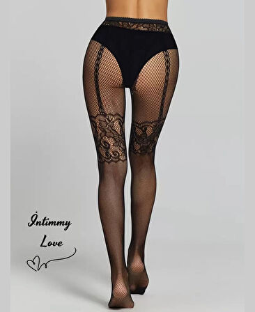 Kadın Fileli Jartiyer Görünümlü Desenli Çorap