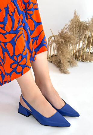 Morji Mavi Sivri Burun Önü Kapalı 3 cm Kısa Topuklu Cilt Topuklu Ayakkabı