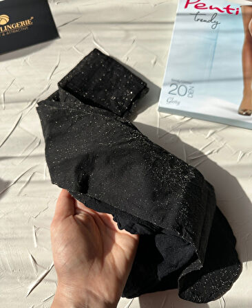 Penti Trendy Glory Gold Simli 20 Den Çekici Pamuk Ağlı Külotlu Çorap- Ten/Siyah