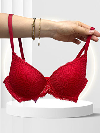 NBB Kırmızı Push-Up Dantelli Balenli Destekli Sütyen-Tanga-Külot 3'lü Takım - 4850