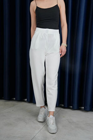 Beyaz Yüksek Bel Cepli Rahat Kesim Havuç Pantolon