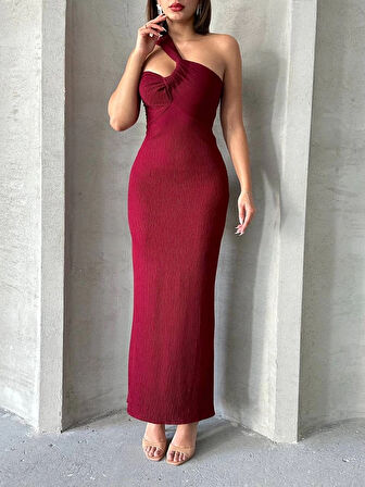 Krinkıl Kumaş Bordo Hafif Dekolteli Tek Omuz Uzun Şık Davet/Kolteyl Elbisesi