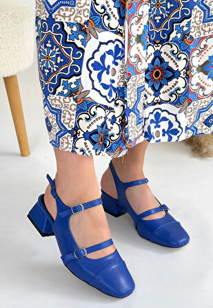 Doran Mary Jane Stil Saks Cilt Çift Banlı Kare Burun Mini Topuklu Ayakkabı