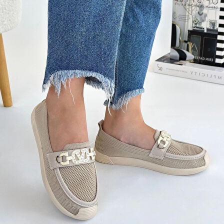 Wata Bej Önü Tokalı Oval Burun Triko Ortopedik Kokulu Termo Taban Babet Ayakkabı