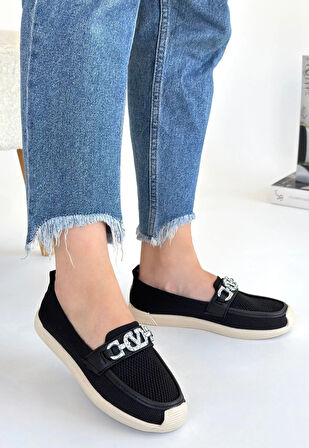 Wata Siyah Önü Tokalı Oval Burun Triko Ortopedik Kokulu Termo Taban Babet Ayakkabı