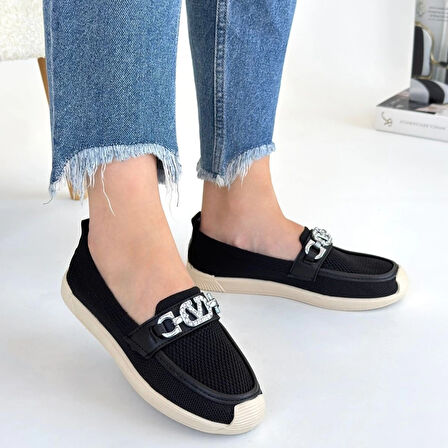 Wata Siyah Önü Tokalı Oval Burun Triko Ortopedik Kokulu Termo Taban Babet Ayakkabı