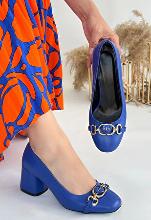 Lucky Mavi Önü Tokalı Oval Burun 7 Cm Cilt Topuklu Ayakkabı