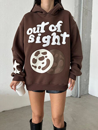 3 iplik şardonlu oversize compact out of baskılı sweat kahve