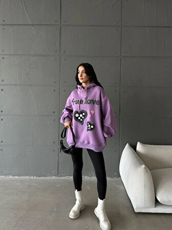 3 iplik şardonlu oversize compact true baskılı sweat mor
