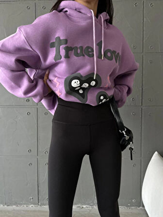 3 iplik şardonlu oversize compact true baskılı sweat mor