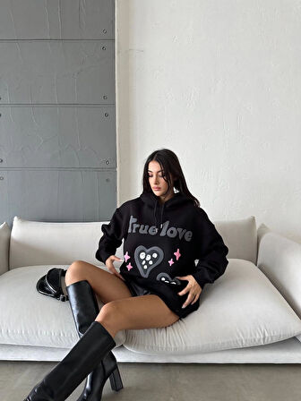3 iplik şardonlu oversize compact true baskılı sweat siyah