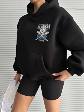 3 iplik şardonlu oversize compact kafa baskılı sweat siyah