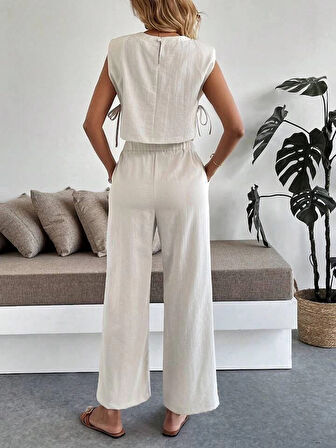 Bej Yan Bağlama Detaylı Bluz Rahat Kesim Pantolon Bluz Takım