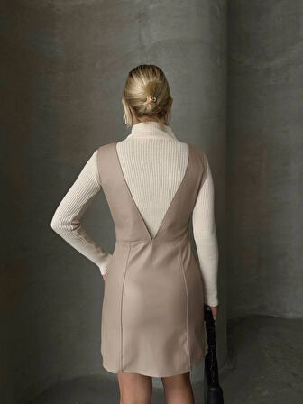 Bej Deri V Yaka Mini Jile Elbise