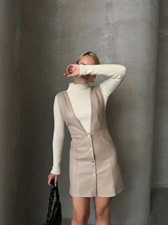 Bej Deri V Yaka Mini Jile Elbise