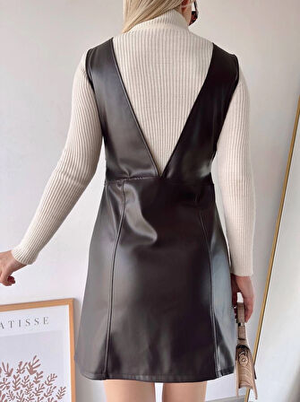 Kahverengi Deri V Yaka Mini Jile Elbise