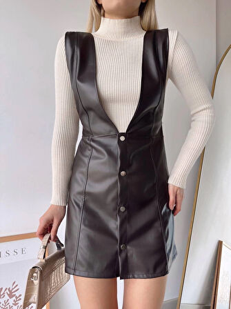 Kahverengi Deri V Yaka Mini Jile Elbise