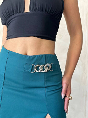Petrol Yeşili Zincir Aksesuarlı Yüksek Bel Slim Fit Şort Etek