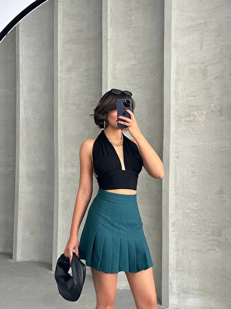 Ördek Yeşili Pileli Yandan Düğmeli Yüksek Bel %100 Pamuk Mini Etek