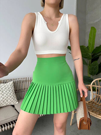 Açık Yeşil Altı Pliseli Arkadan Fermuarlı Yüksek Bel Fit Mini Etek