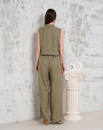 Broşlu yelek pantolon takım haki s255821
