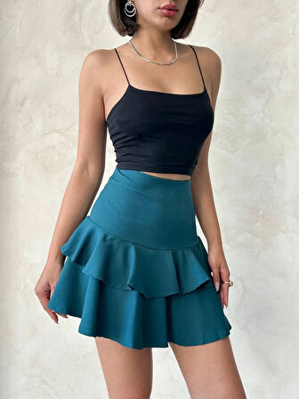 Petrol Yeşili Volanlı Fırfır Detaylı Yüksek Bel Mini Etek