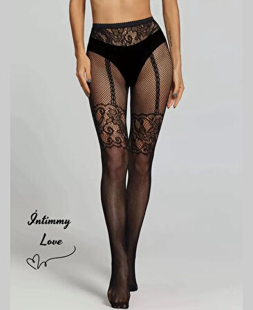 Kadın Fileli Jartiyer ve Dantel Görünümlü Desenli Tasarım Külotlu Çorap