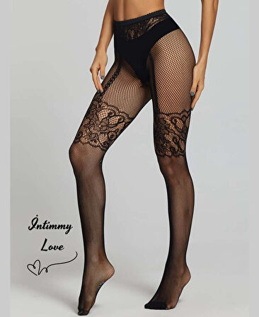 Kadın Fileli Jartiyer ve Dantel Görünümlü Desenli Tasarım Külotlu Çorap
