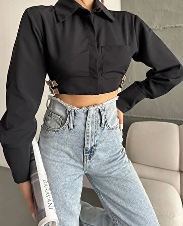Yanı kemer detaylı crop gömlek siyah s4009