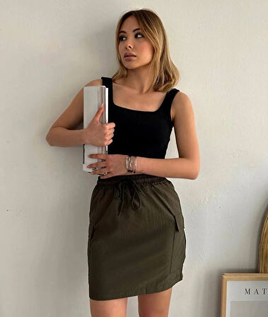 Kargo cep ince paraşüt etek haki s241019