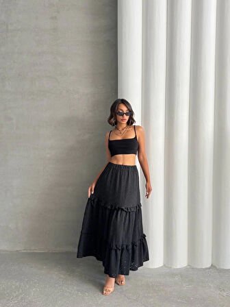 Fırfırlı brodeli astarlı uzun etek siyah s255047