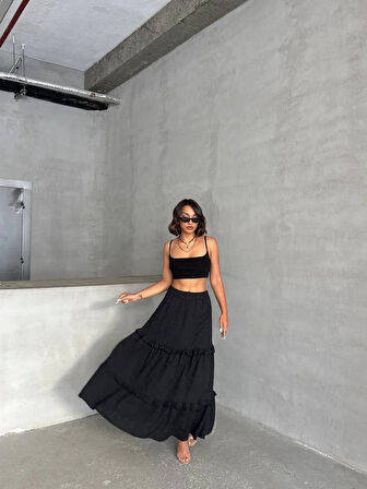 Fırfırlı brodeli astarlı uzun etek siyah s255047