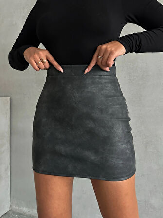 Eskitme Deri Gri/Füme Slim Fit Mini Kalem Etek