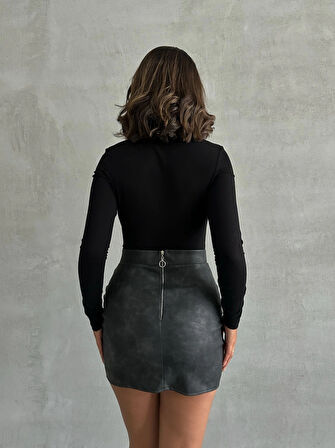 Eskitme Deri Gri/Füme Slim Fit Mini Kalem Etek