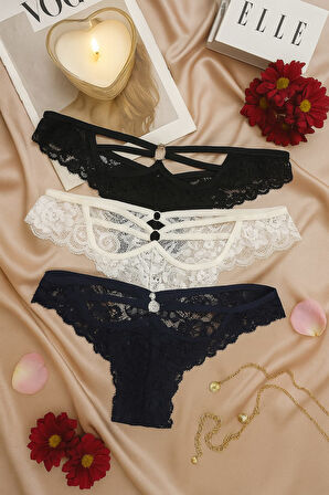 Kadın Dantel Detaylı Külot 3’lü Set - Siyah Beyaz