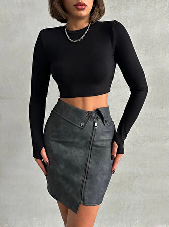 Beli pervazlı fermuarlı eskitme deri etek w24431