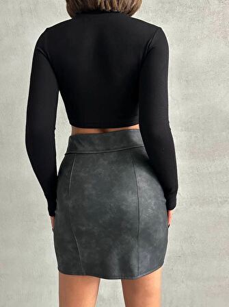 Beli pervazlı fermuarlı eskitme deri etek w24431